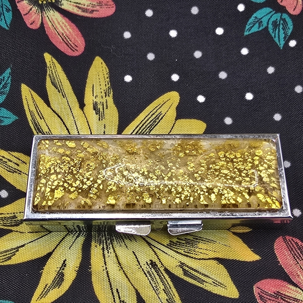 Vintage Gold Glitter Confetti Lucite Silver Tone Pill Trinket Box